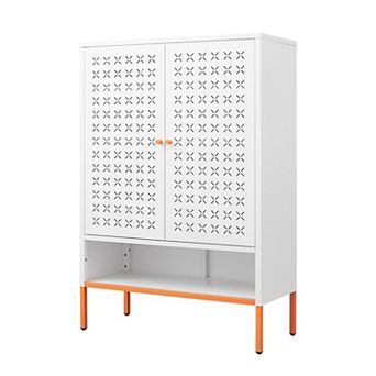 Grid Metal Double Door Shoe Cabinet with Adjustable Shelves, Moisture-Proof Elevated Base, White