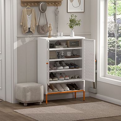 Grid Metal Double Door Shoe Cabinet with Adjustable Shelves, Moisture-Proof Elevated Base, White
