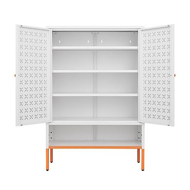 Grid Metal Double Door Shoe Cabinet with Adjustable Shelves, Moisture-Proof Elevated Base, White
