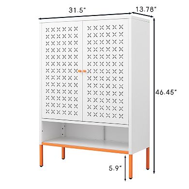 Grid Metal Double Door Shoe Cabinet with Adjustable Shelves, Moisture-Proof Elevated Base, White