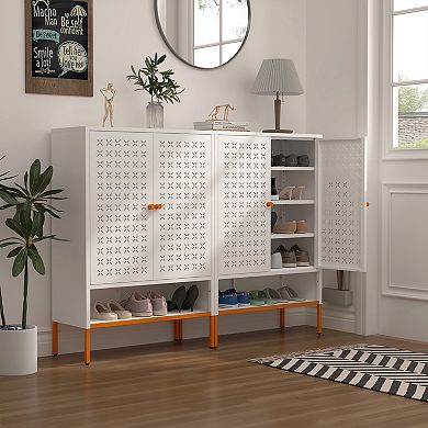 Grid Metal Double Door Shoe Cabinet with Adjustable Shelves, Moisture-Proof Elevated Base, White