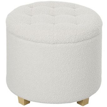 Button Tufted Storage Ottoman, Round Foot Stool with Hidden Storage, 10.7 Gal Capacity, White Teddy