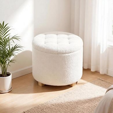 Button Tufted Storage Ottoman, Round Foot Stool with Hidden Storage, 10.7 Gal Capacity, White Teddy