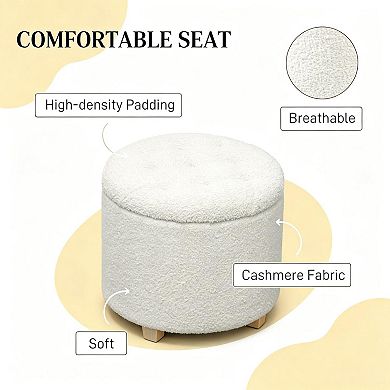 Button Tufted Storage Ottoman, Round Foot Stool with Hidden Storage, 10.7 Gal Capacity, White Teddy