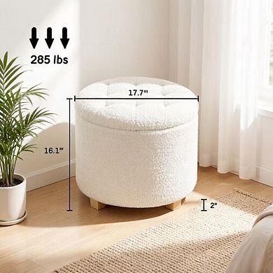 Button Tufted Storage Ottoman, Round Foot Stool with Hidden Storage, 10.7 Gal Capacity, White Teddy