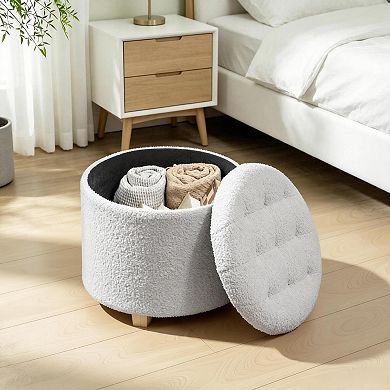 Button Tufted Storage Ottoman, Round Foot Stool with Hidden Storage, 10.7 Gal Capacity, White Teddy