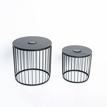 2-Pack Modern Round End Tables with Solar LED Lights, Metal Wire Cage Accent Tables for Patio
