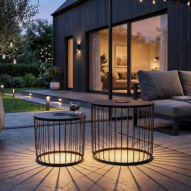 2-Pack Modern Round End Tables with Solar LED Lights, Metal Wire Cage Accent Tables for Patio