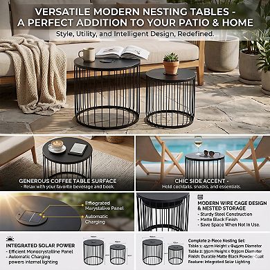 2-Pack Modern Round End Tables with Solar LED Lights, Metal Wire Cage Accent Tables for Patio
