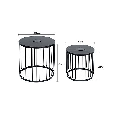 2-Pack Modern Round End Tables with Solar LED Lights, Metal Wire Cage Accent Tables for Patio
