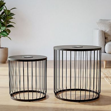 2-Pack Modern Round End Tables with Solar LED Lights, Metal Wire Cage Accent Tables for Patio