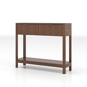 Mid-Century Modern Console Table with 2 Drawers and Open Shelf, Walnut Finish