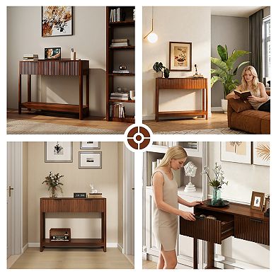 Mid-Century Modern Console Table with 2 Drawers and Open Shelf, Walnut Finish