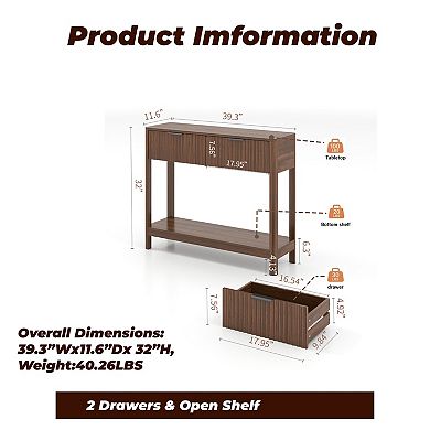 Mid-Century Modern Console Table with 2 Drawers and Open Shelf, Walnut Finish