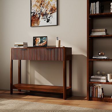 Mid-Century Modern Console Table with 2 Drawers and Open Shelf, Walnut Finish