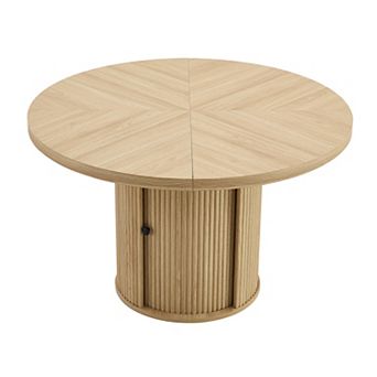 47.2-inch Round Wooden Dining Table with Double-Layer Storage & Roman Column Base,