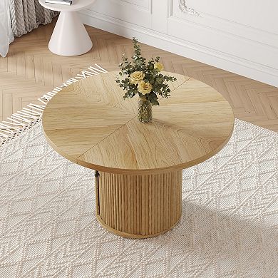 47.2-inch Round Wooden Dining Table with Double-Layer Storage & Roman Column Base,