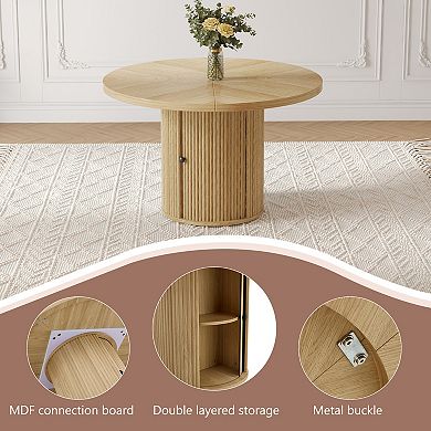 47.2-inch Round Wooden Dining Table with Double-Layer Storage & Roman Column Base,