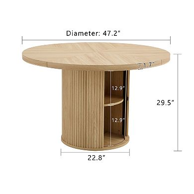 47.2-inch Round Wooden Dining Table with Double-Layer Storage & Roman Column Base,