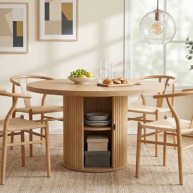 47.2-inch Round Wooden Dining Table with Double-Layer Storage & Roman Column Base,