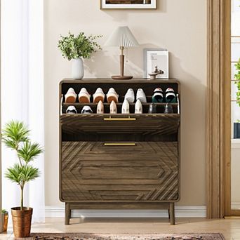 31.5" Walnut Mid-Century Modern Freestanding Shoe Cabinet with 2 Flip-Top Drawers