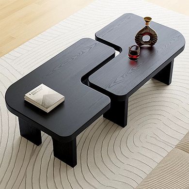 Modern Black Wooden Nesting Coffee Table Set, 70.86" Extendable Splicing, Space-Saving, Durable Wood