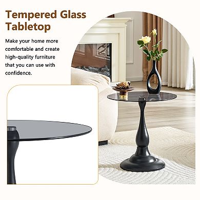 Vintage Round Side Table, 19.6 Inch Tempered Glass Top & Matte Black Metal Base