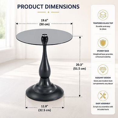 Vintage Round Side Table, 19.6 Inch Tempered Glass Top & Matte Black Metal Base