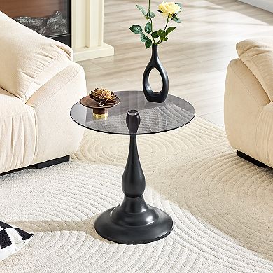 Vintage Round Side Table, 19.6 Inch Tempered Glass Top & Matte Black Metal Base