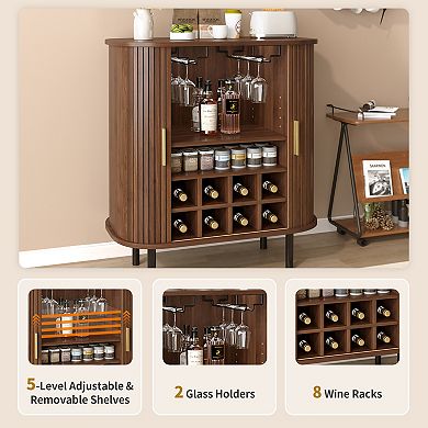 28" Fluted Wine Bar Cabinet with 8-Grid Wine Rack, 5-Level Adjustable Shelves, Walnut