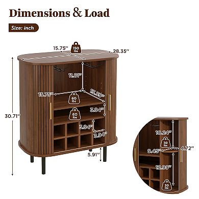 28" Fluted Wine Bar Cabinet with 8-Grid Wine Rack, 5-Level Adjustable Shelves, Walnut