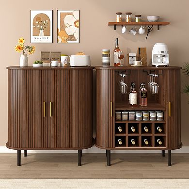 28" Fluted Wine Bar Cabinet with 8-Grid Wine Rack, 5-Level Adjustable Shelves, Walnut
