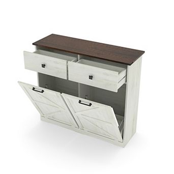 Farmhouse Barn Door Double Tilt-Out Trash Cabinet for 20 Gallon Cans, White and Brown