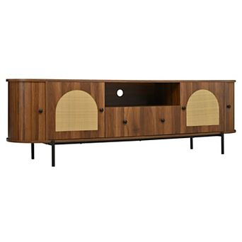 TV Stand with Rattan Arched Doors, Hidden Storage & Drawers, American Style