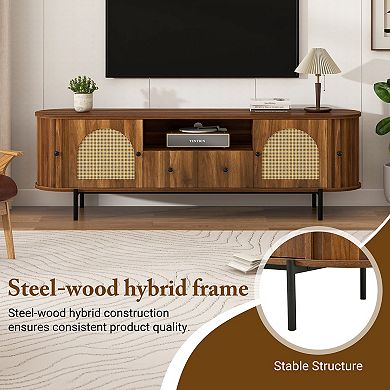 TV Stand with Rattan Arched Doors, Hidden Storage & Drawers, American Style