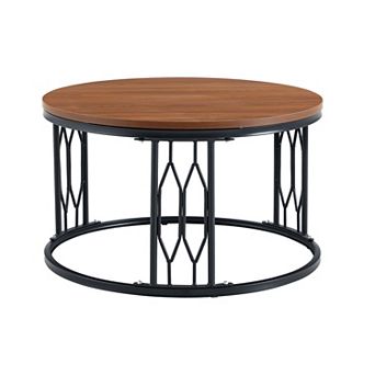 Industrial Walnut Round Coffee Table 27.5 Inch, MDF Wood Grain Top with Black Metal Legs