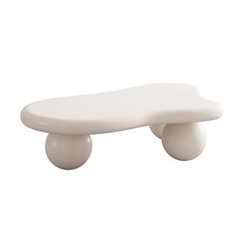 Cloud Shaped Coffee Table 40 Inch with 3 Ball Legs, Irregular Cream White MDF Tabletop