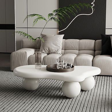 Cloud Shaped Coffee Table 40 Inch with 3 Ball Legs, Irregular Cream White MDF Tabletop
