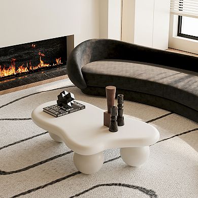 Cloud Shaped Coffee Table 40 Inch with 3 Ball Legs, Irregular Cream White MDF Tabletop