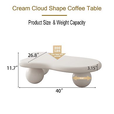 Cloud Shaped Coffee Table 40 Inch with 3 Ball Legs, Irregular Cream White MDF Tabletop