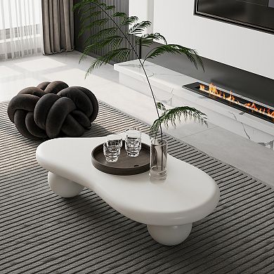 Cloud Shaped Coffee Table 40 Inch with 3 Ball Legs, Irregular Cream White MDF Tabletop