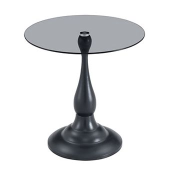 Vintage Matte Black Metal Side Table with Tempered Glass Top - 19.6" Diameter,