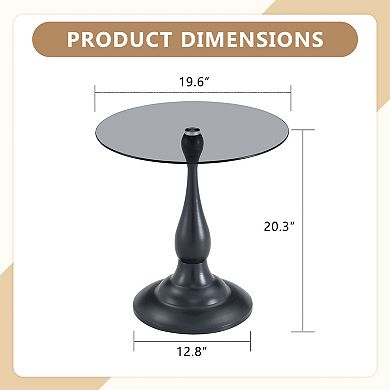 Vintage Matte Black Metal Side Table with Tempered Glass Top - 19.6" Diameter,