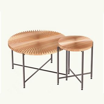 Radial Pattern 2 pc Coffee and End Table Set, Distressed Cylindrical Design，Red Cedar-Brown