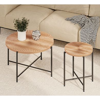 Radial Pattern 2-Piece Coffee and End Table Set, Distressed Cylindrical Design，Red Cedar-Brown