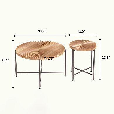 Radial Pattern 2-Piece Coffee and End Table Set, Distressed Cylindrical Design，Red Cedar-Brown