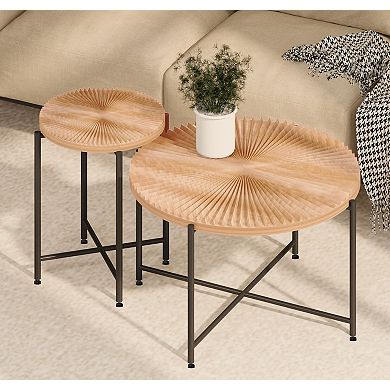 Radial Pattern 2-Piece Coffee and End Table Set, Distressed Cylindrical Design，Red Cedar-Brown