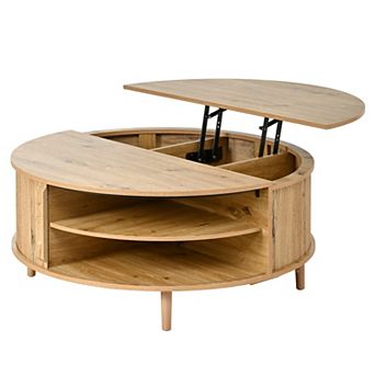 Minimalist Round Lift-Top Coffee Table with Hidden Storage and Sliding Door