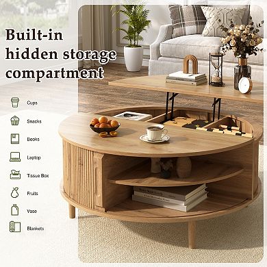 Minimalist Round Lift-Top Coffee Table with Hidden Storage and Sliding Door