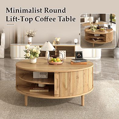 Minimalist Round Lift-Top Coffee Table with Hidden Storage and Sliding Door